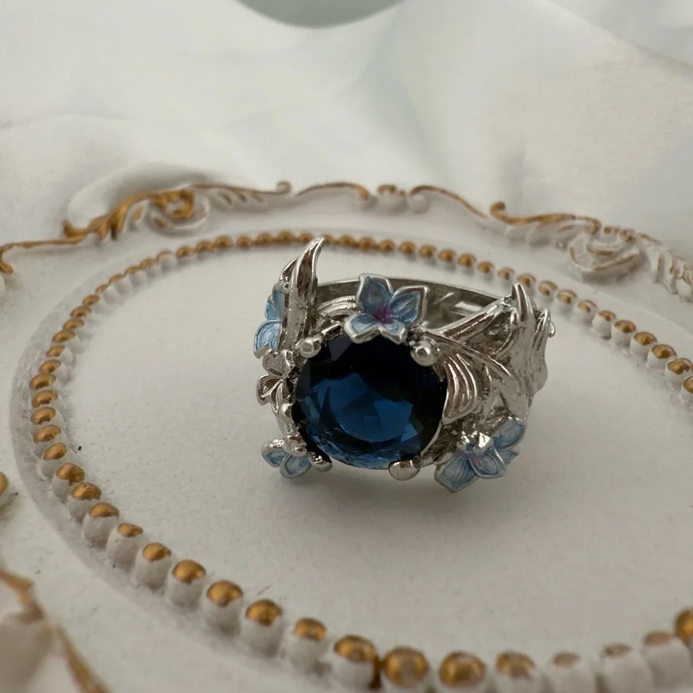 Anthropologie Elegant Silver and Blue Floral Ring